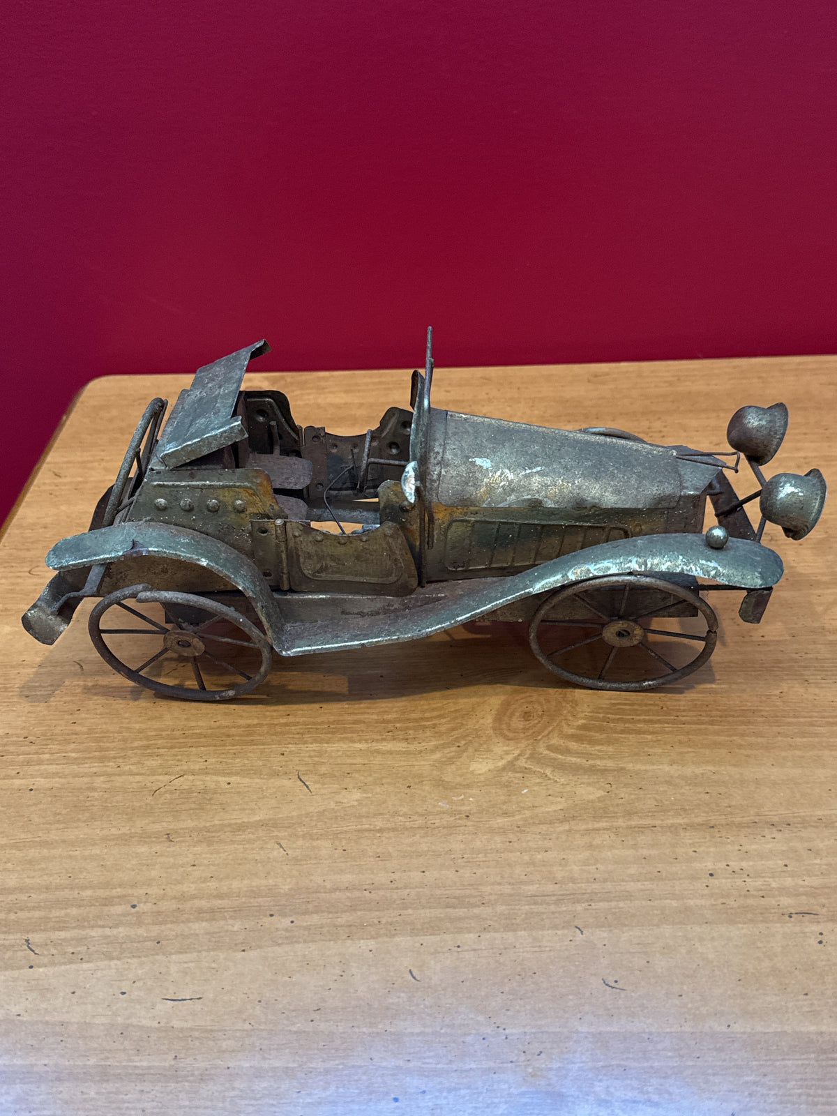 Vintage 1970s Tin Metal Model T Antique Car w/ Wind up Crank Music Box Untested 11" Long