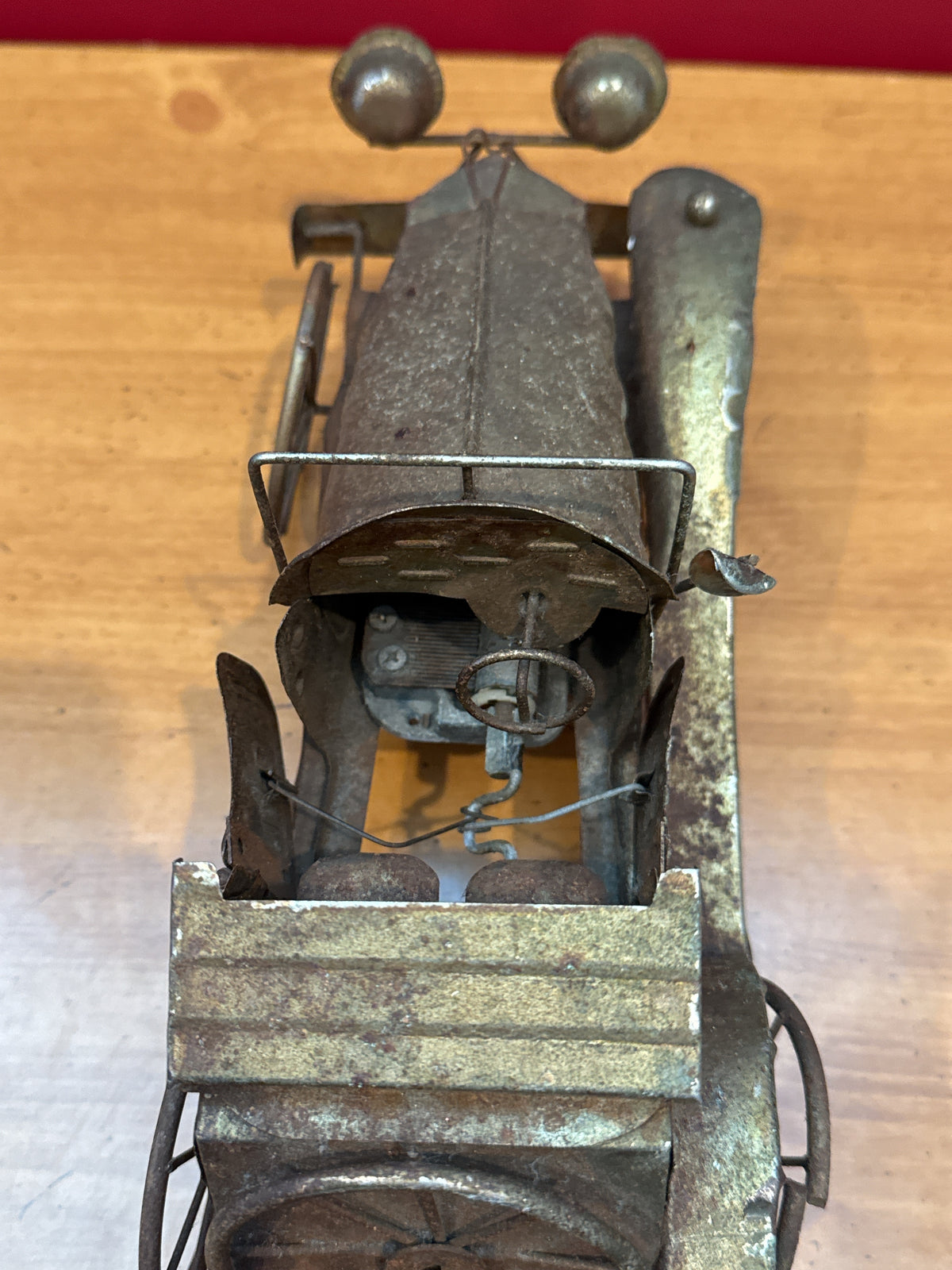 Vintage 1970s Tin Metal Model T Antique Car w/ Wind up Crank Music Box Untested 11" Long