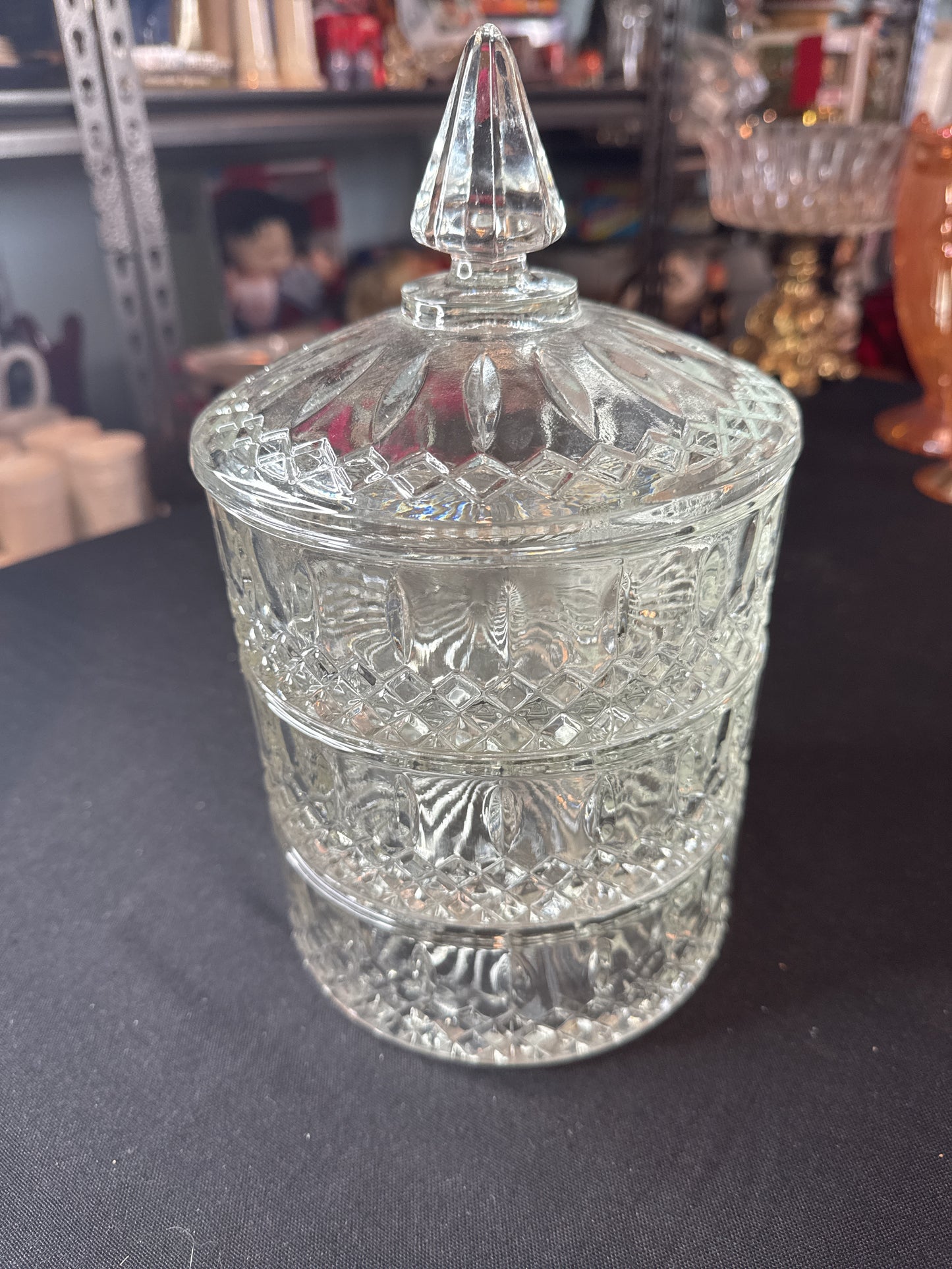 Indiana Glass Princess Clear Tri-level Candy Dish Stackset 4 Piece 10.5" Tall