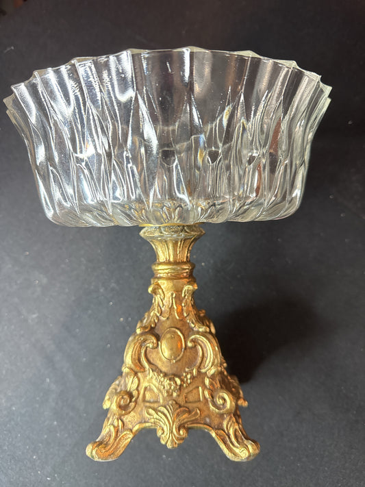 Crystal Vintage Compote Fruit Bowl Footed Gold Colored Pedestal 8.75" Tall 8" Wide