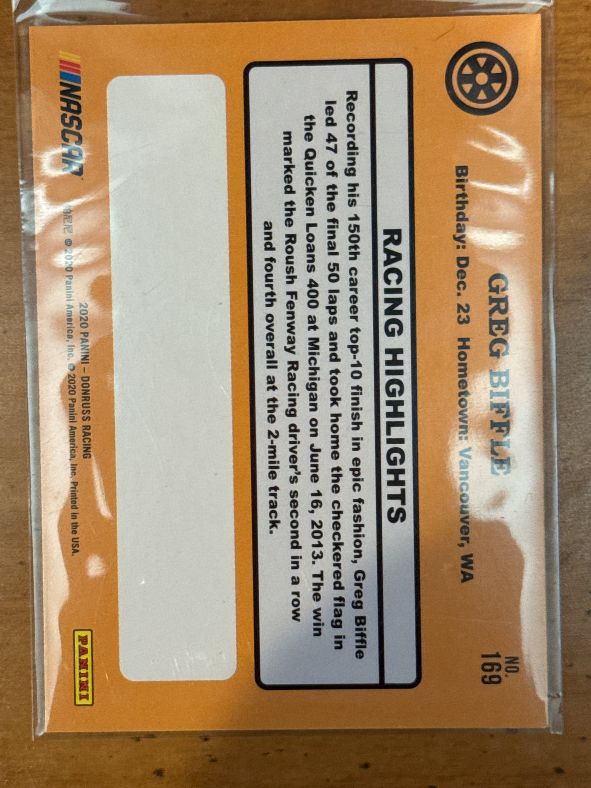 2020 Donruss #169 Racing NASCAR Greg Biffle Roush Fenway Racing New Card in Plastic