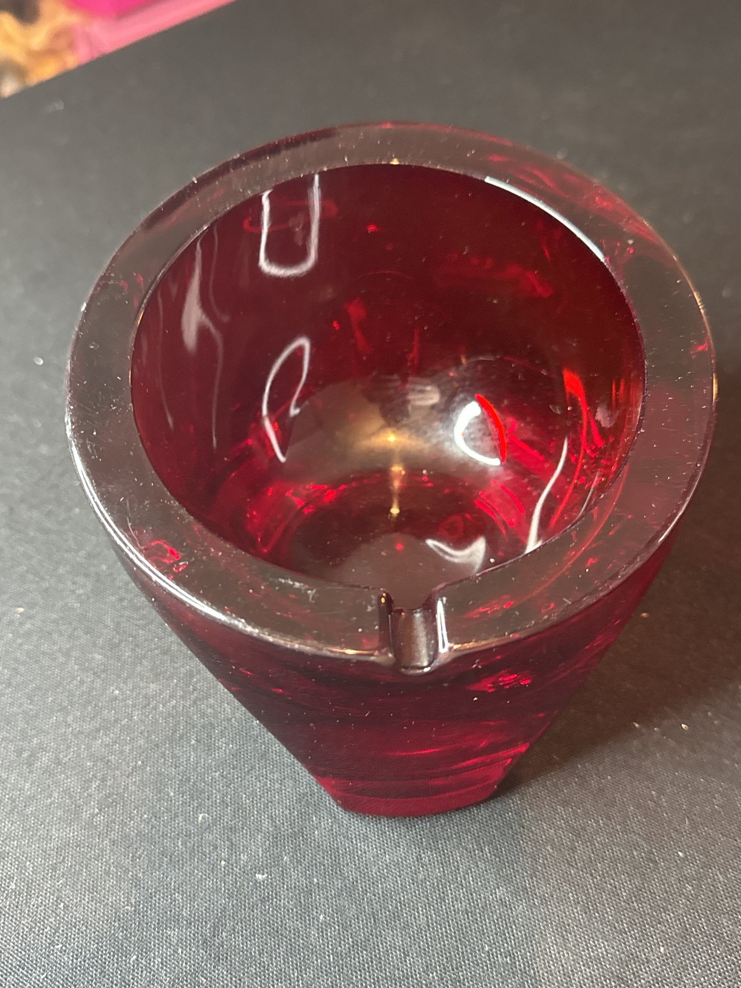 Viking Art Glass Orb Ashtray Ruby Red Tripod Base Mid Century Modern Atomic Big