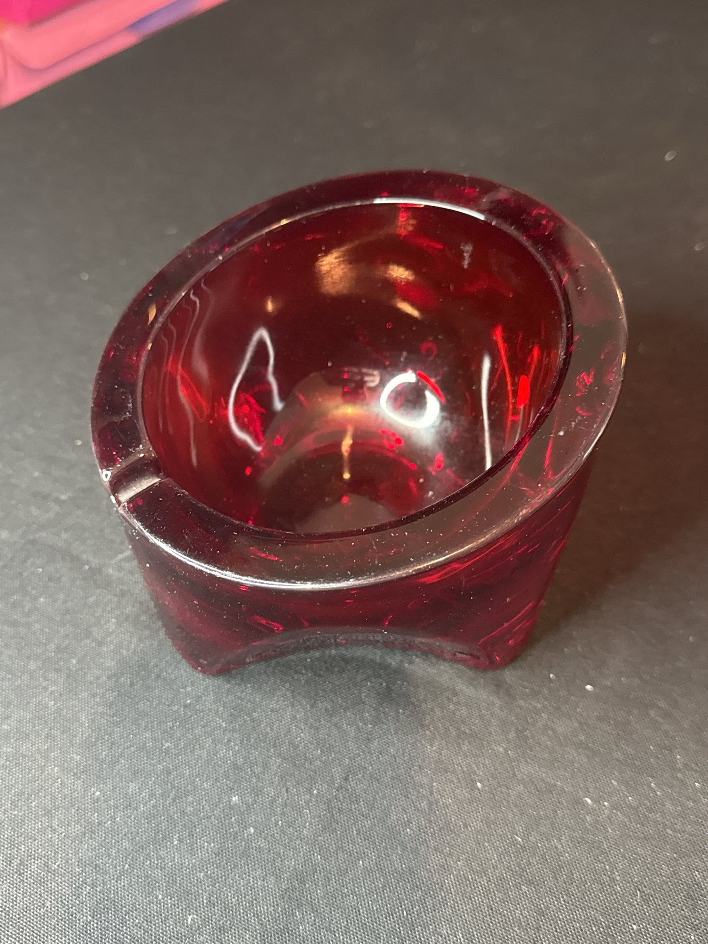 Viking Art Glass Orb Ashtray Ruby Red Tripod Base Mid Century Modern Atomic Big