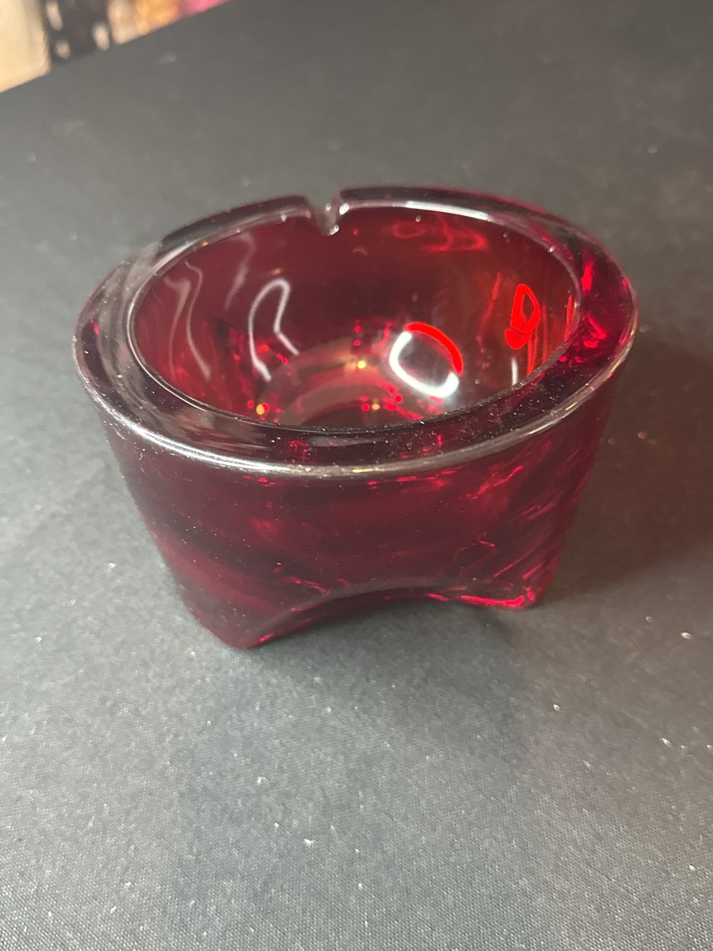 Viking Art Glass Orb Ashtray Ruby Red Tripod Base Mid Century Modern Atomic Big