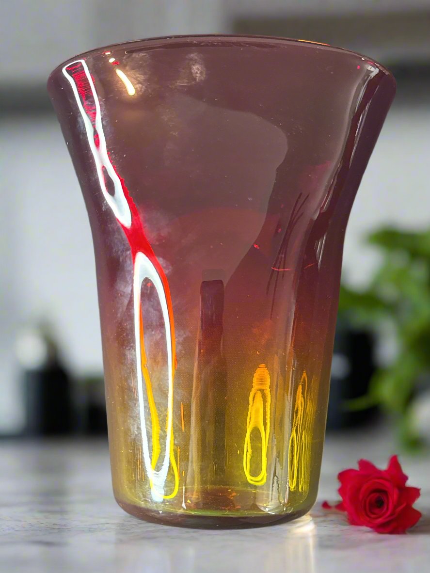 Stunning Vintage 1970s Vibrant Tangerine Blenko Glass Vase 7" Tall 6" Wide