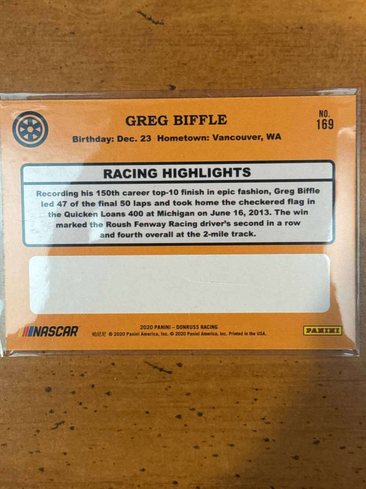 2020 Panini Donruss Racing Blue Parallel NASCAR Greg Biffle #169 Numbered 181/199 New