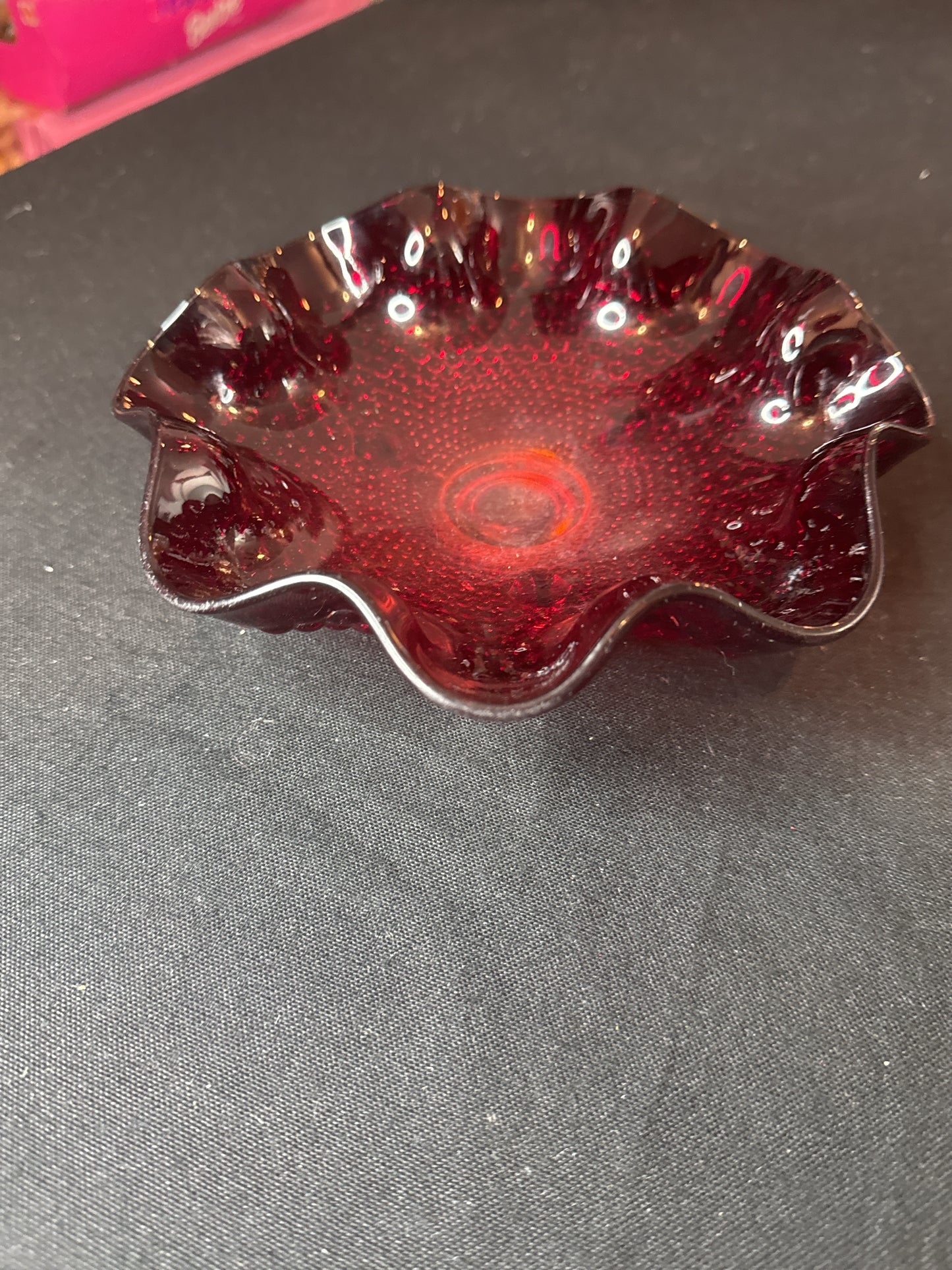 Three Legged Red Carnival Glass Candy Dish Trinket Dish 7" Wide 2.25" Tall