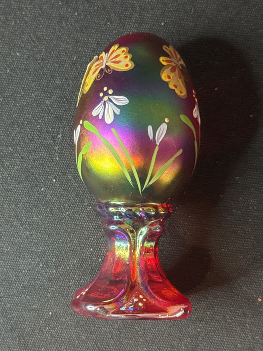 Fenton Red Carnival Hand Painted Butterflies Flower 4" Egg Signed by Artist Numbered