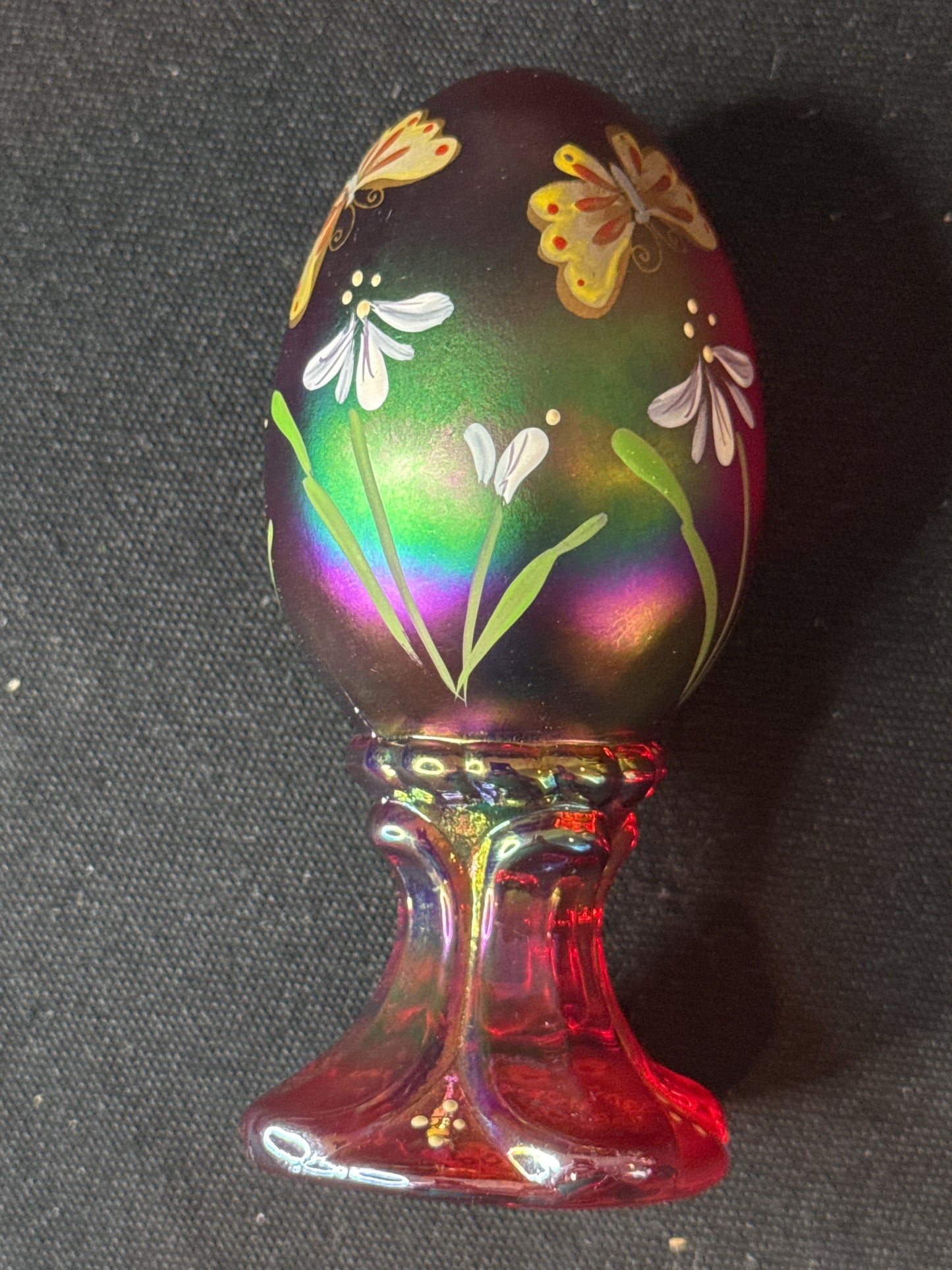 Fenton Red Carnival Hand Painted Butterflies Flower 4" Egg Signed by Artist Numbered