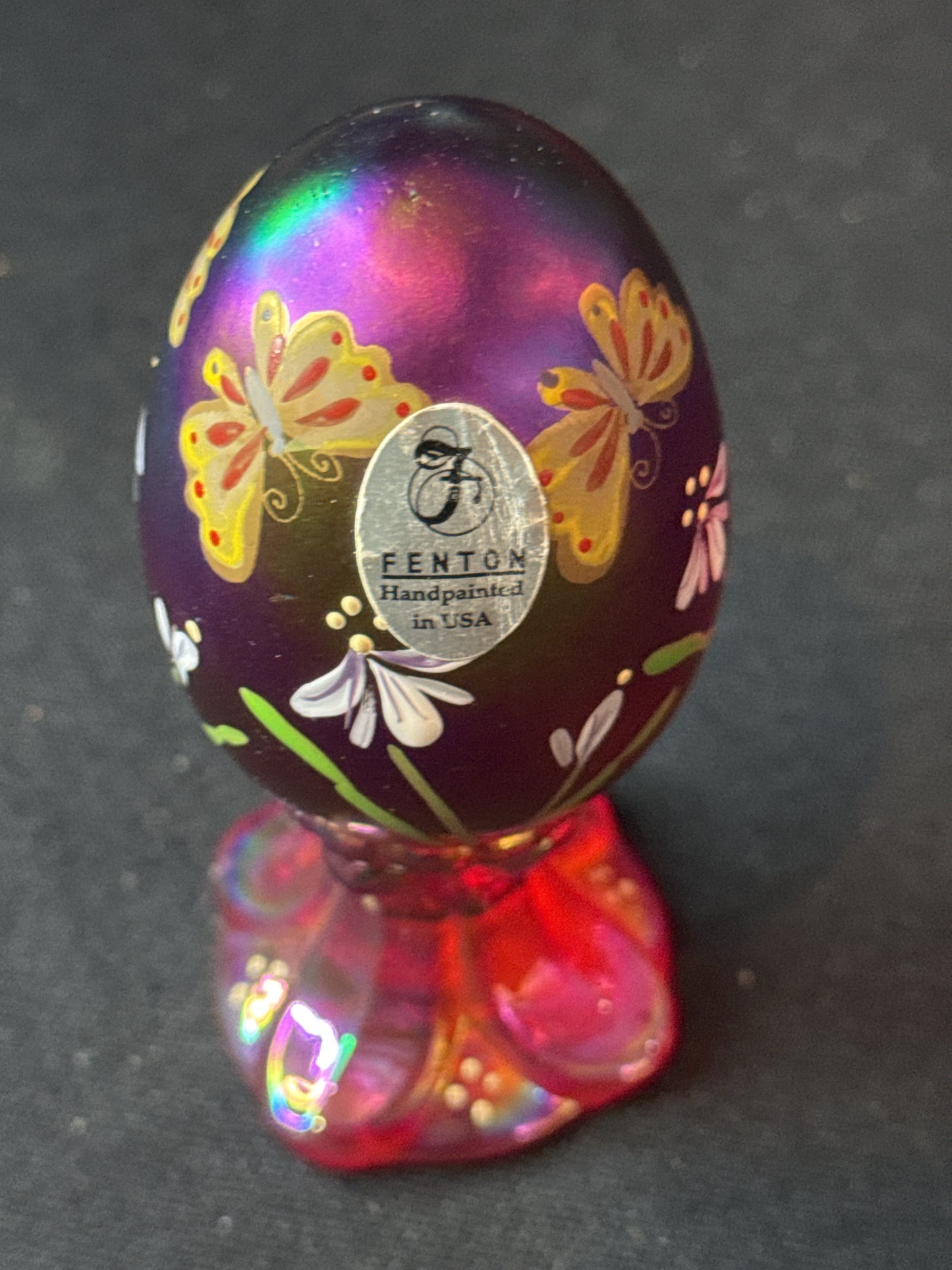 Fenton Red Carnival Hand Painted Butterflies Flower 4" Egg Signed by Artist Numbered