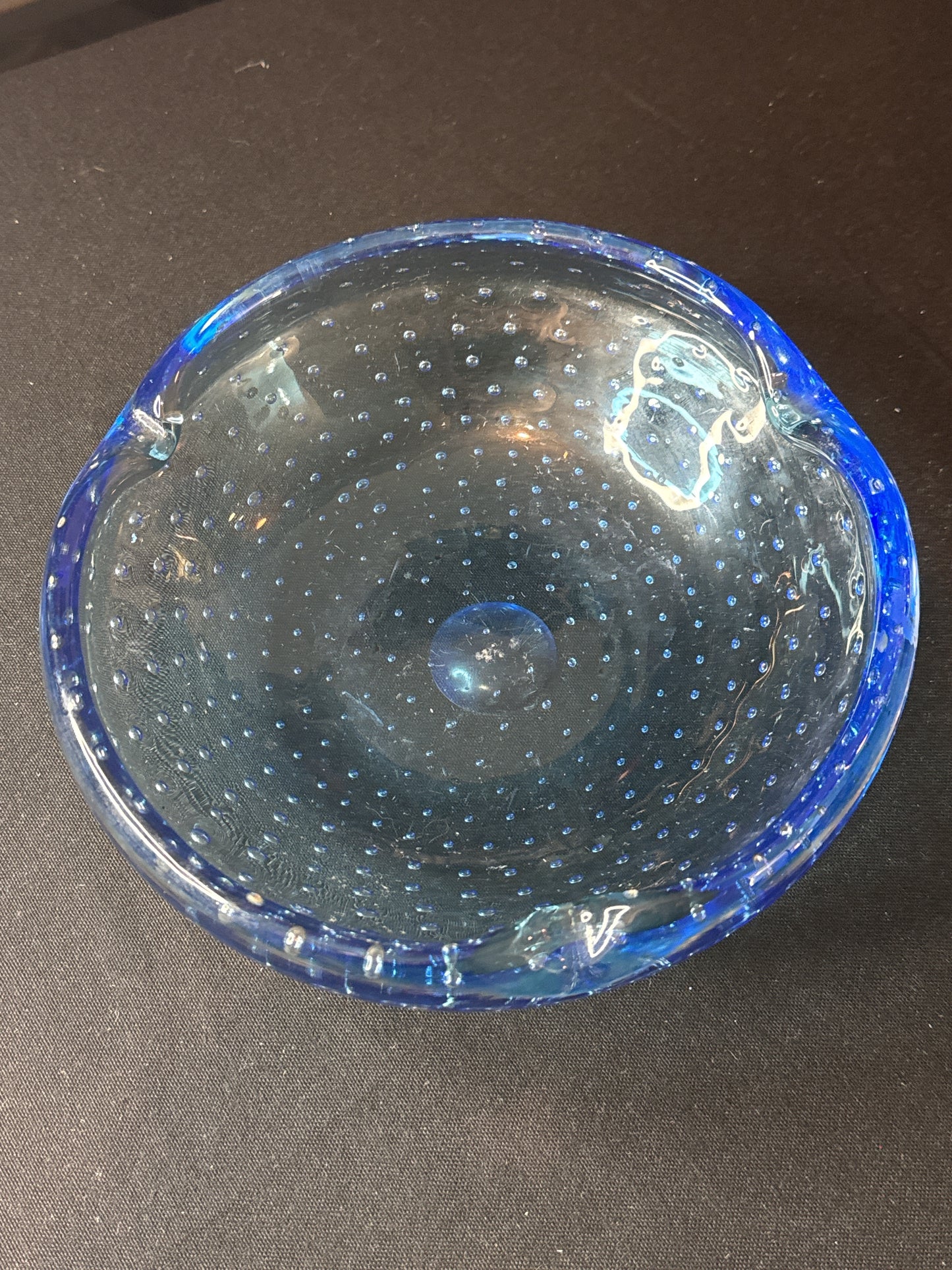 Rare Vintage Murano Glass Ashtray Cobalt Blue Turquoise Cigar Bowl Controlled Bubbles 8.25"