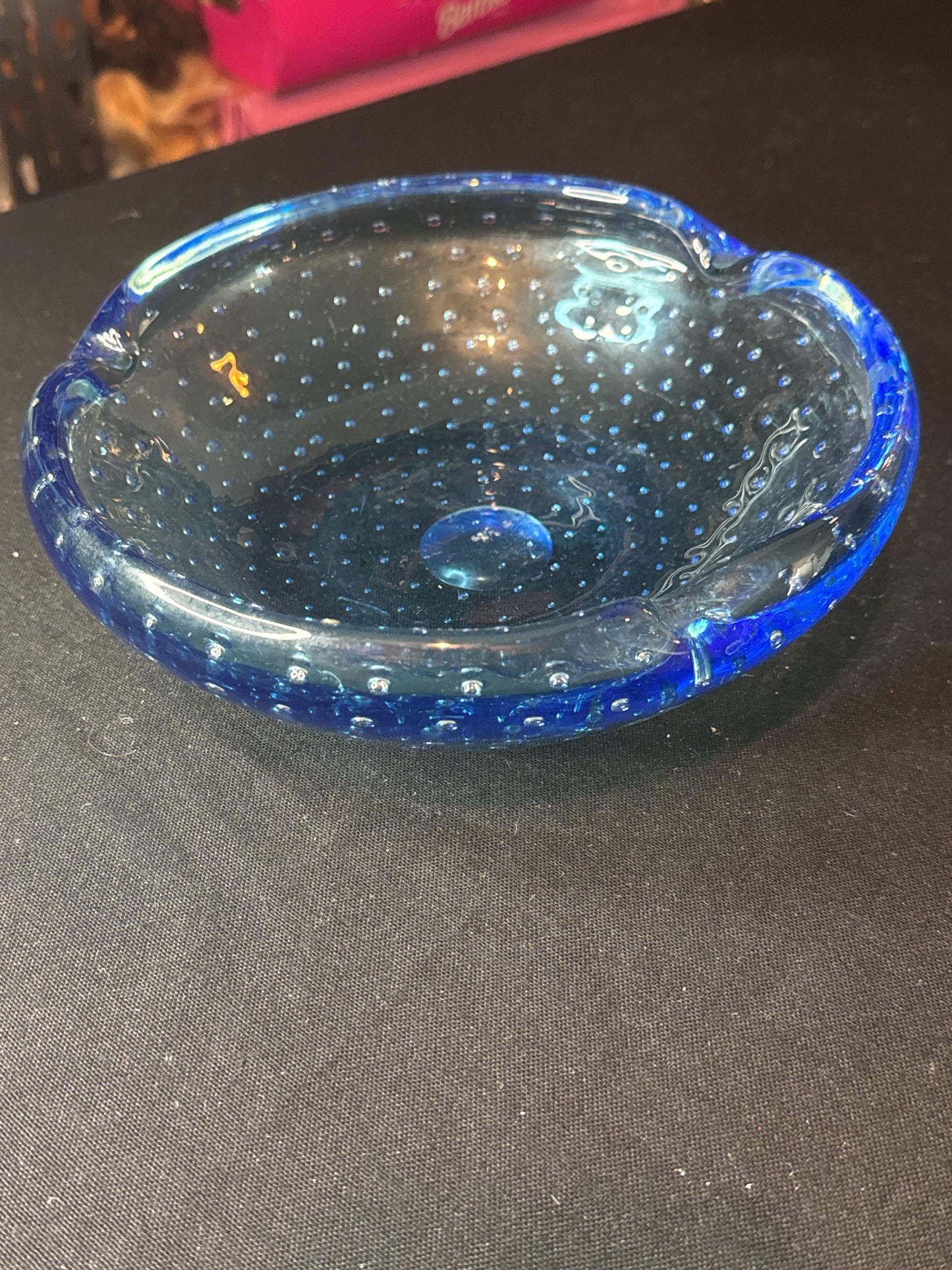 Rare Vintage Murano Glass Ashtray Cobalt Blue Turquoise Cigar Bowl Controlled Bubbles 8.25"