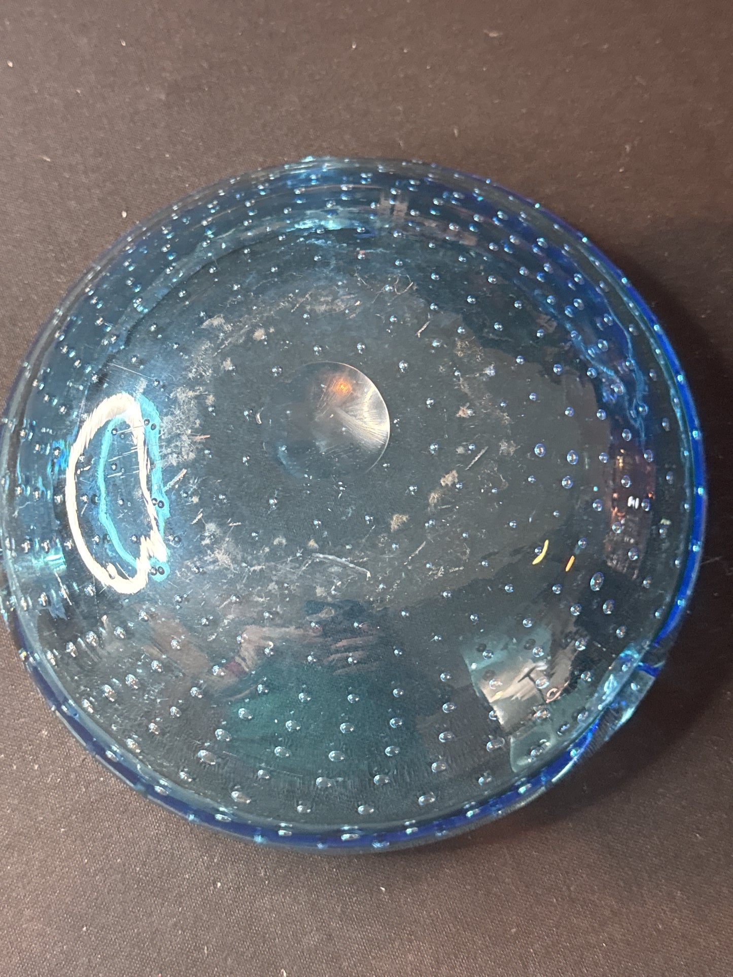 Rare Vintage Murano Glass Ashtray Cobalt Blue Turquoise Cigar Bowl Controlled Bubbles 8.25"