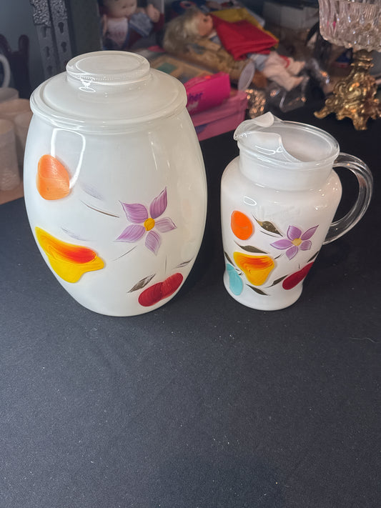 Bartlett Collins Frosted White Cookie Jar w/ Lid & Pitcher 1960s Fruit Flowers 9.5" Tall & 8" Tall