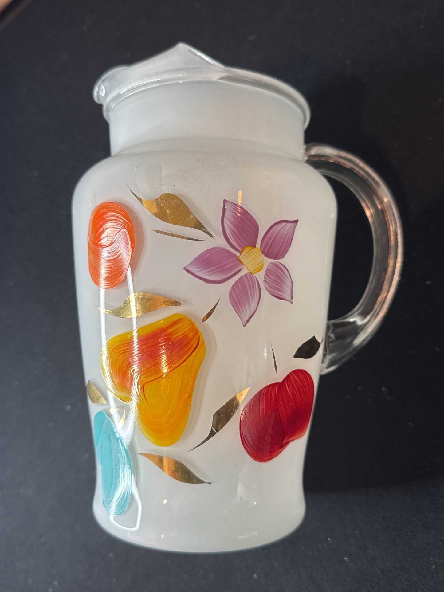 Bartlett Collins Frosted White Cookie Jar w/ Lid & Pitcher 1960s Fruit Flowers 9.5" Tall & 8" Tall