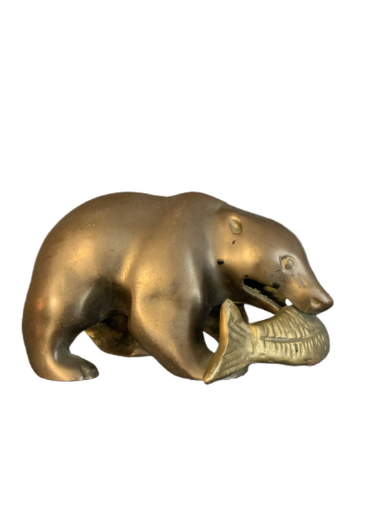 Vintage Brass Bear with a Fish in its Mouth 6" Figurine