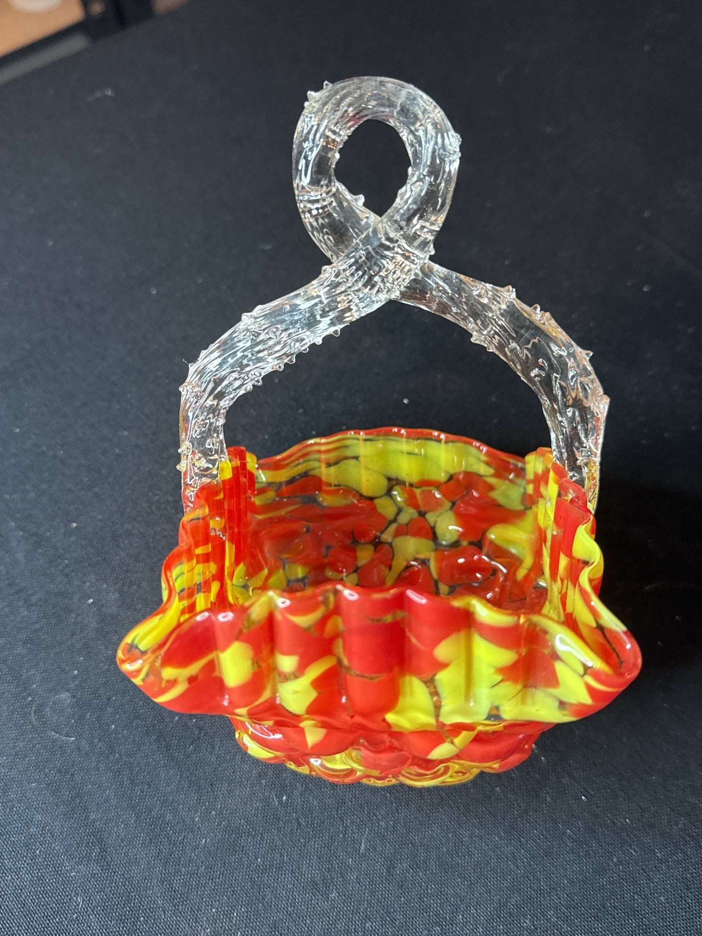 Victorian Art Glass Yellow & Red Spatter Twisted Thorn Handle Glass Basket Mint 6.5" Tall