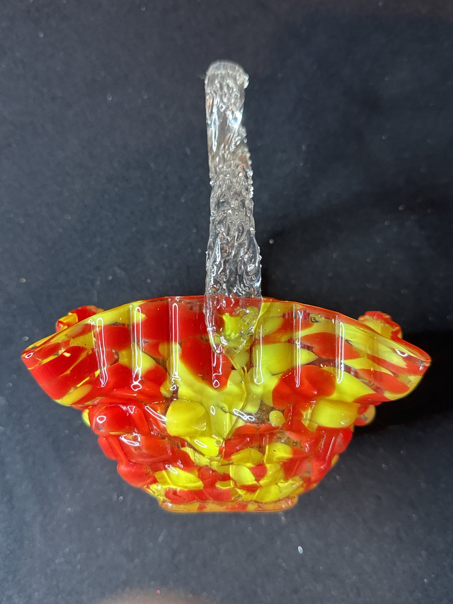 Victorian Art Glass Yellow & Red Spatter Twisted Thorn Handle Glass Basket Mint 6.5" Tall