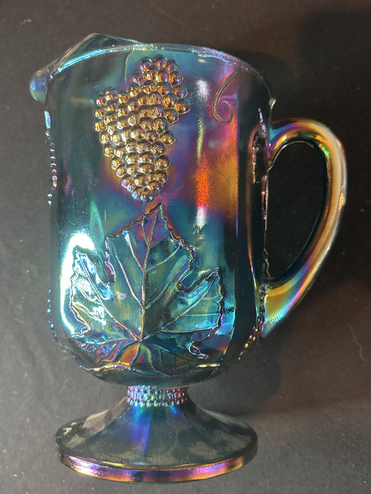 Harvest Carnival Blue Glass Pitcher 64oz by Colony Grapes and Leaves Pattern 10.5" Tall