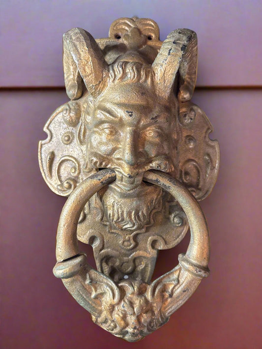 Vintage Satyr Face w/Ram Horns Cast Iron Door Knocker 13.75" Tall x 8.5" Wide Heavy