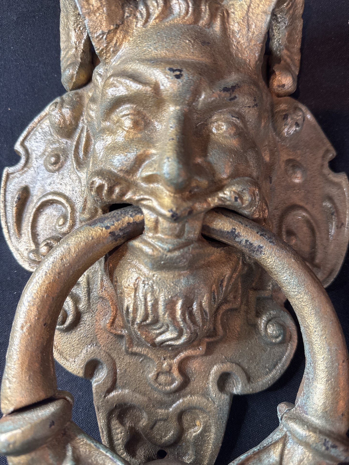 Vintage Satyr Face w/Ram Horns Cast Iron Door Knocker 13.75" Tall x 8.5" Wide Heavy