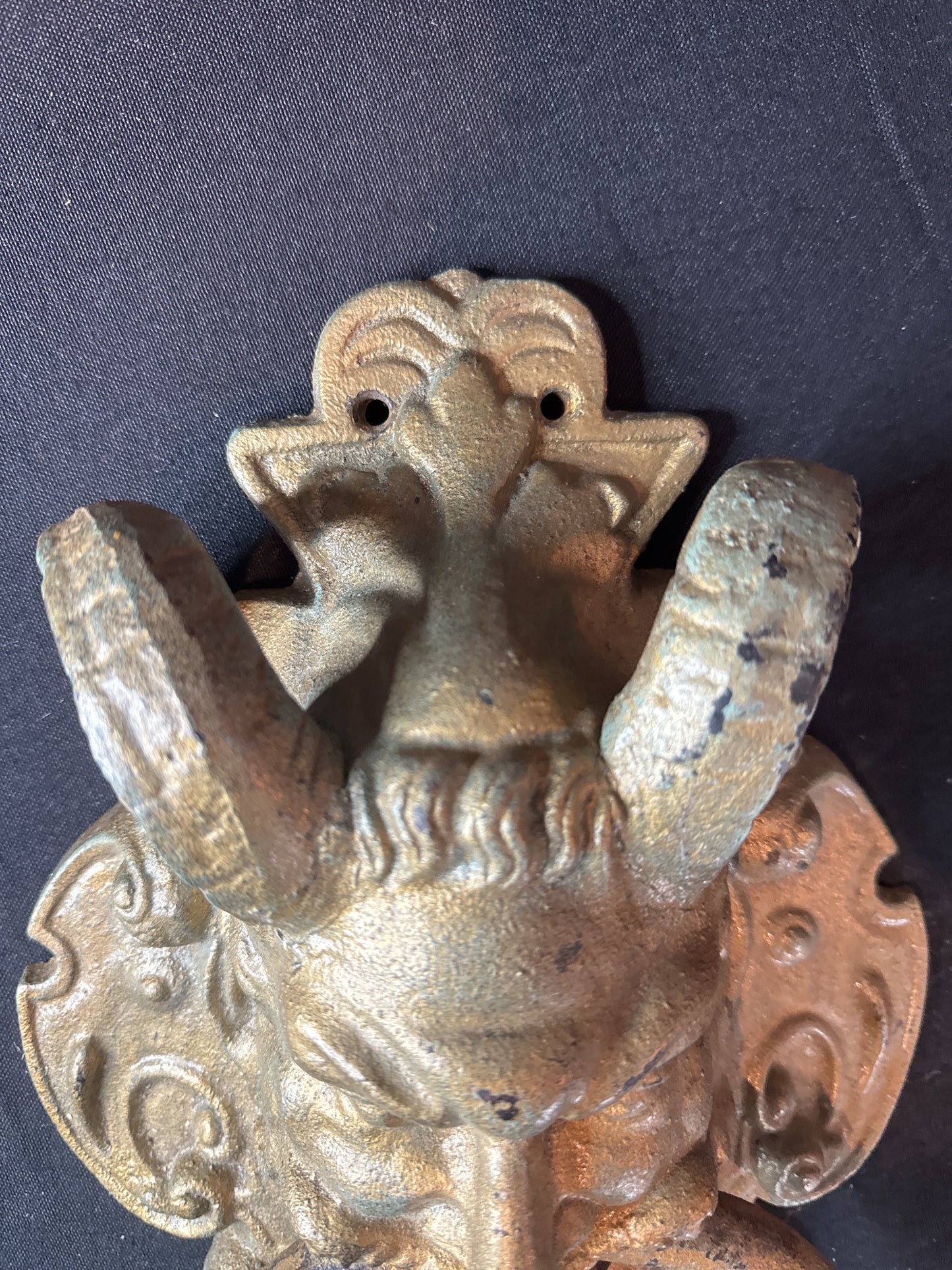 Vintage Satyr Face w/Ram Horns Cast Iron Door Knocker 13.75" Tall x 8.5" Wide Heavy