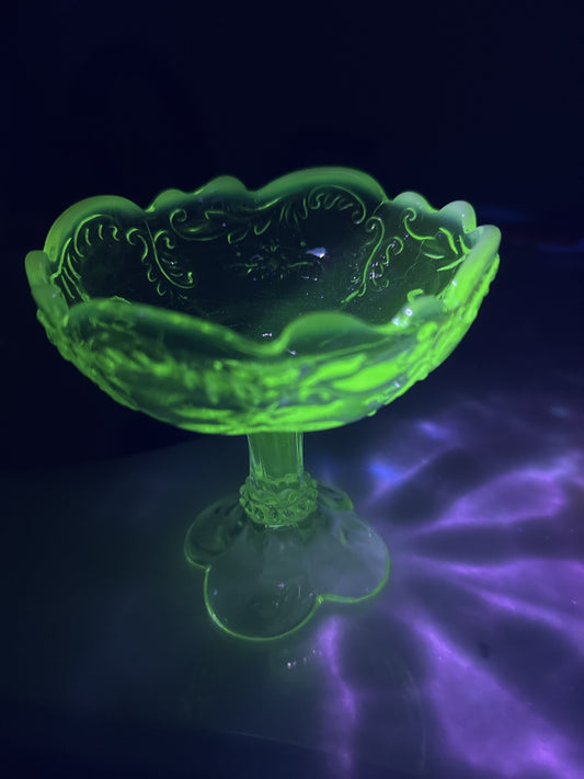 Northwood Vaseline Opalescent Iris Meander Jelly Compote Dish Uranium Glows Green