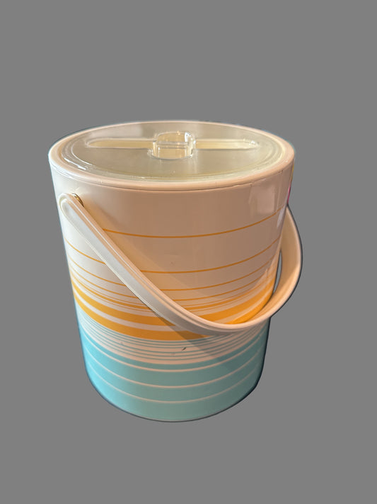 Vintage 3 Quart Phoenix Ice Bucket Gold & Aqua Stripes With Lid, Strainer & Tongs 8" Tall