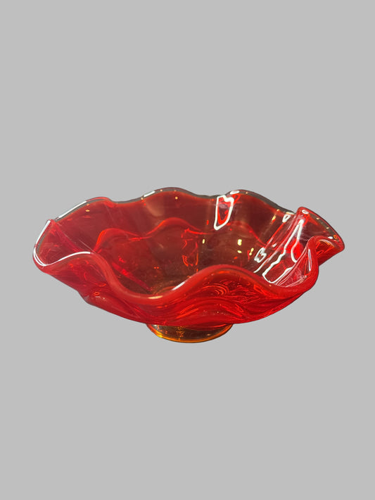 Vintage Viking Amberina Persimmon Glass Candy dish Double Ruffle 8" Wide 3.25" Tall