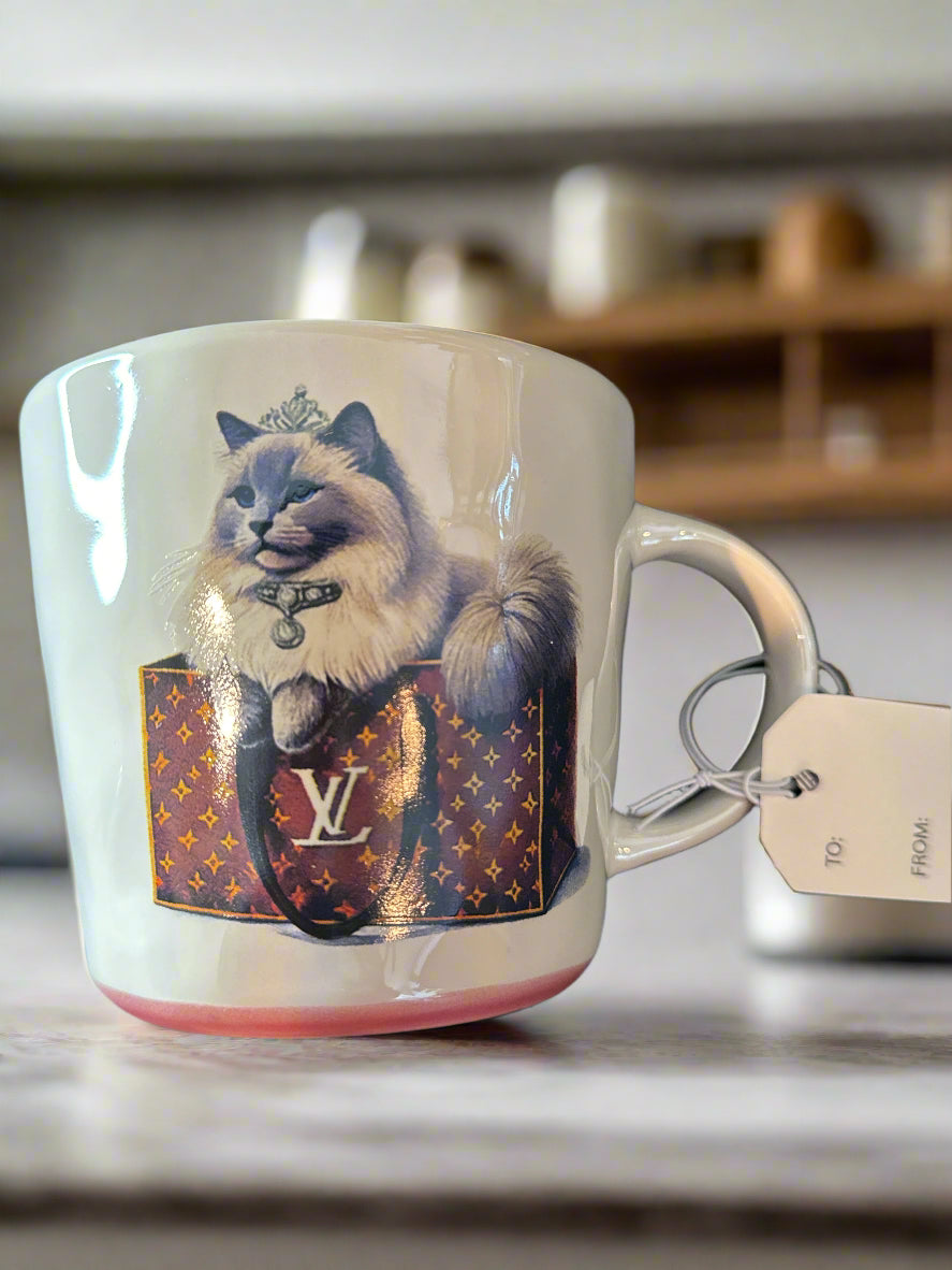 Amanda Greenwood Art Coffee Mug Cup Persian Cat in Louis Vuitton Purse New with Tags