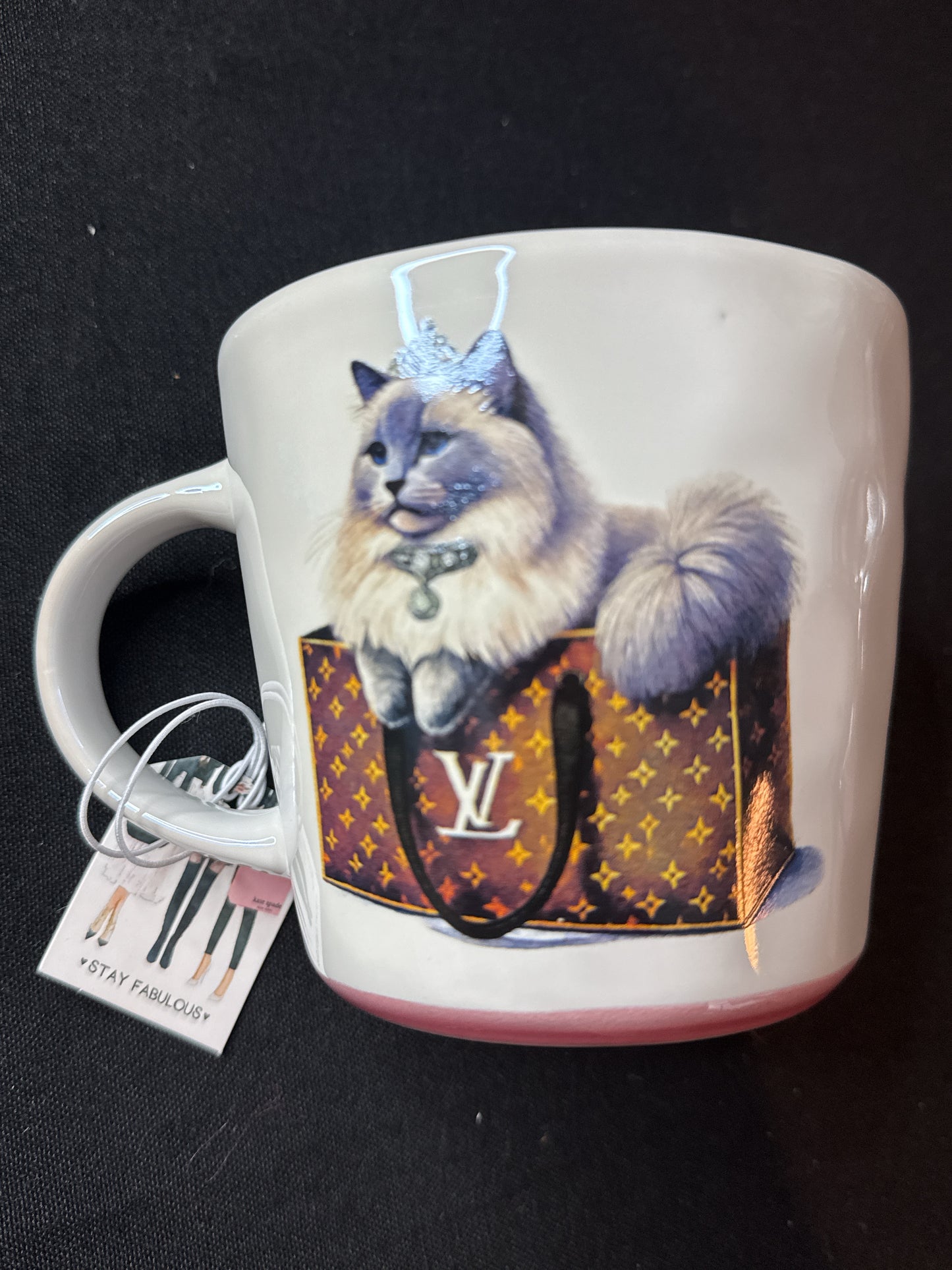 Amanda Greenwood Art Coffee Mug Cup Persian Cat in Louis Vuitton Purse New with Tags