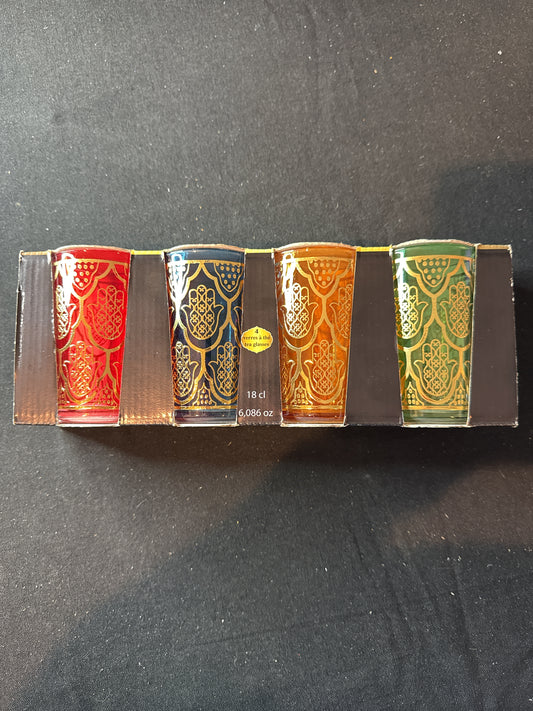 Set of 4 Moroccan Tea Glasses Red Blue Orange Green Gold 4" Tall New in Box