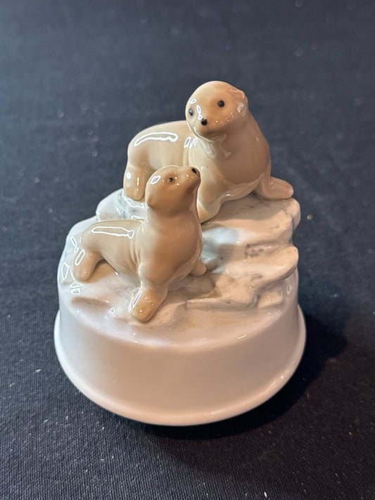 Vintage Porcelain Otagiri Music Box Features 2 Baby Seals Tune is You Are My Sunshine 4.75"
