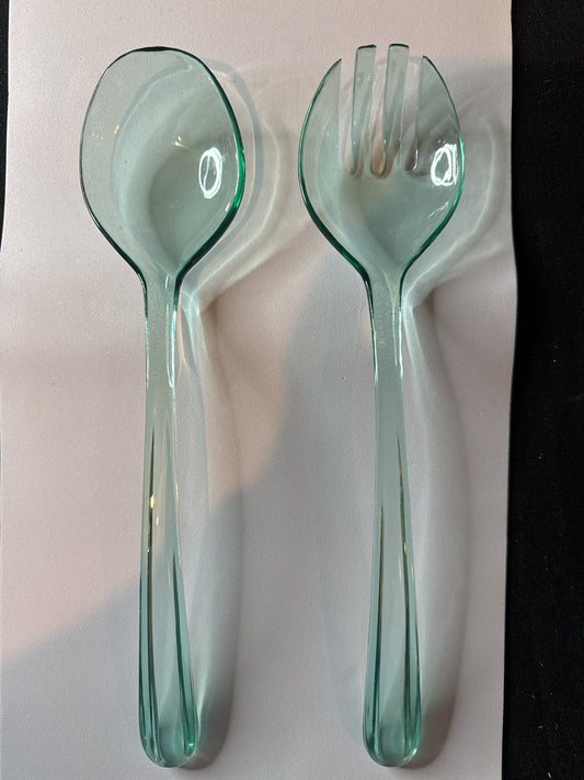 Vintage Lucite Acrylic Teal Aqua Mermaid Green Salad Serving Utensils 11" Long