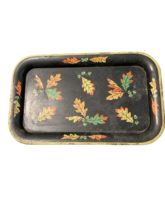 Vintage 1950s Enamelware Serving Snack Tray Black Oak Leaves Acorn