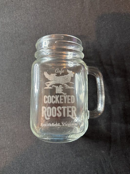 Vintage Laser Etched Glass Drinking Jar With Handle 5 3/8" Tall Cockeyed Rooster Smithfield