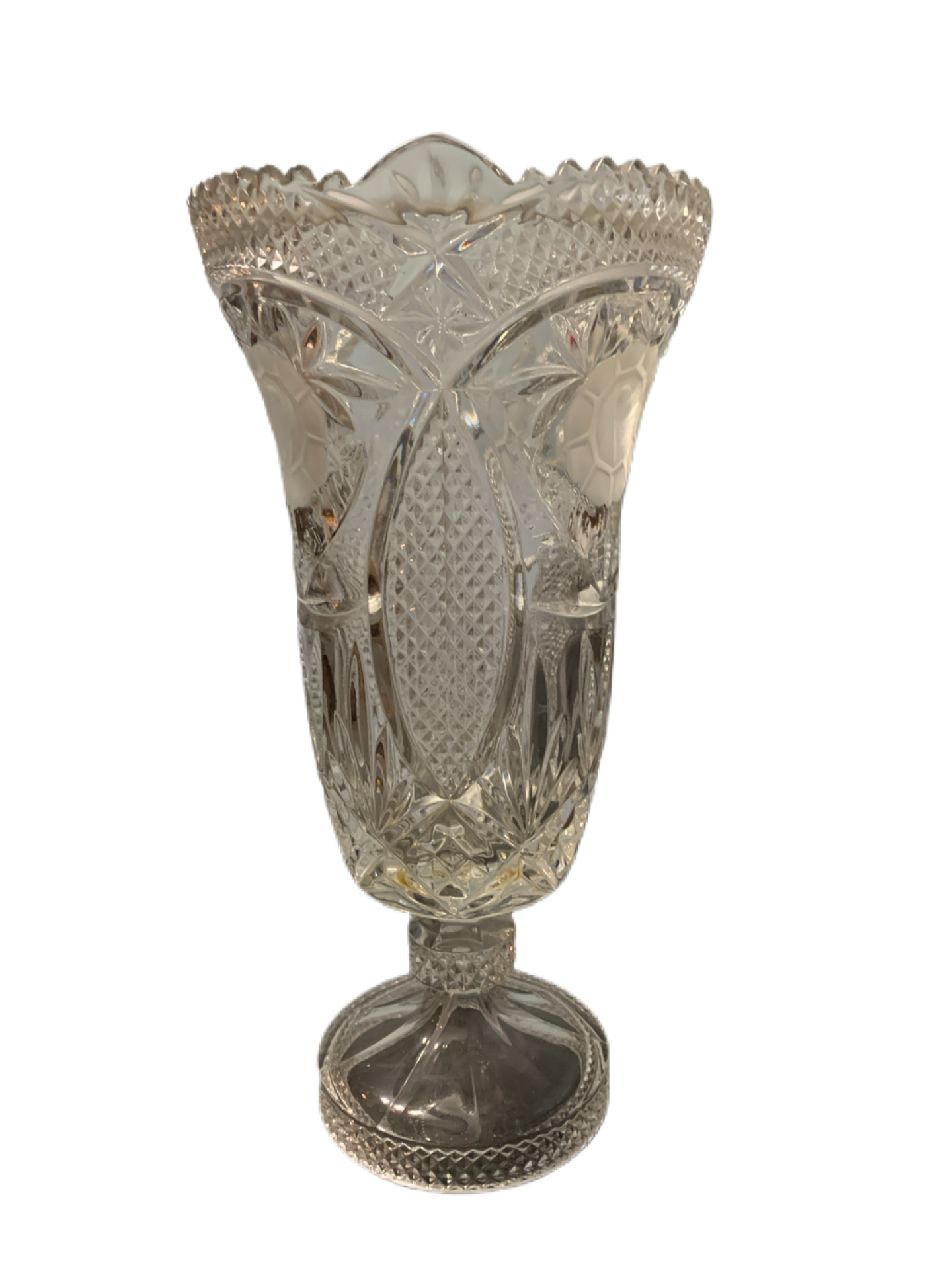 Crystal Vase 13.25" Tall Frosted Flowers on Sides Footed