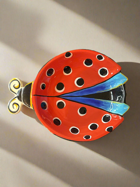 Hand Painted 8.75" x 6.75" Ladybug Trinket Bowl/Serving Bowl by Clay Art New
