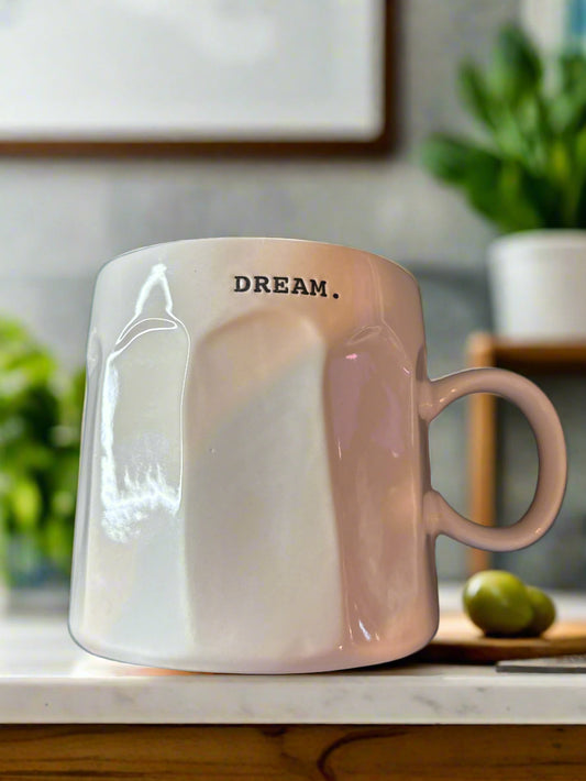 Rae Dunn Ceramic Pleated Coffee Cup Mug 4 1/8" Tall White With Dream.