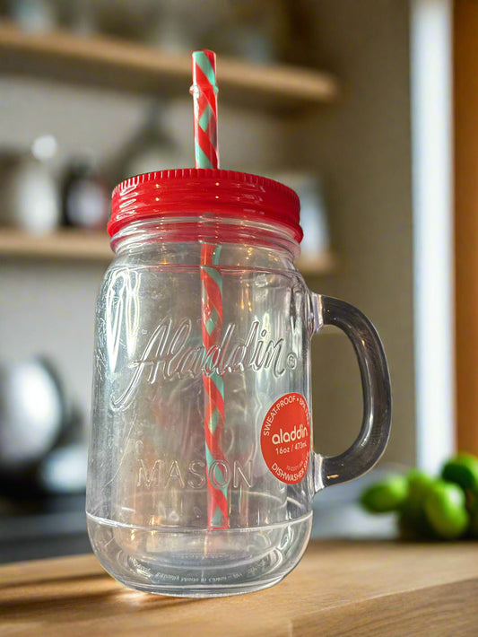 Aladdin Insulated Plastic 16oz Mason Jar Tumbler Red Lid W/ Straw Brand New! 6" Tall