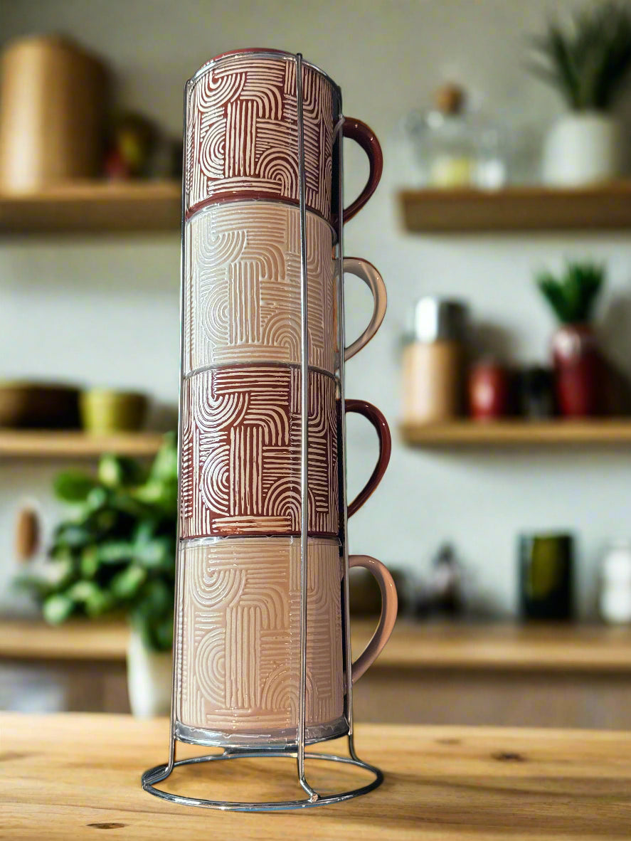 United Paper & Craft Four (4) Stackable Maroon Coffee Cups Mugs New 3 5/8" Tall Each