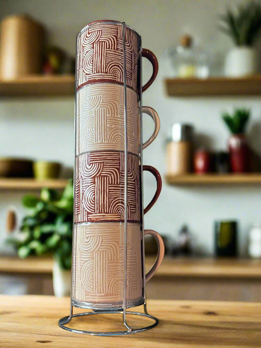 United Paper & Craft Four (4) Stackable Maroon Coffee Cups Mugs New 3 5/8" Tall Each