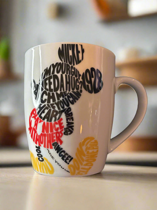 Disney Mickey Mouse 14oz Coffee Cup Mug Favorite Words Silhouette Print 4.25" Tall