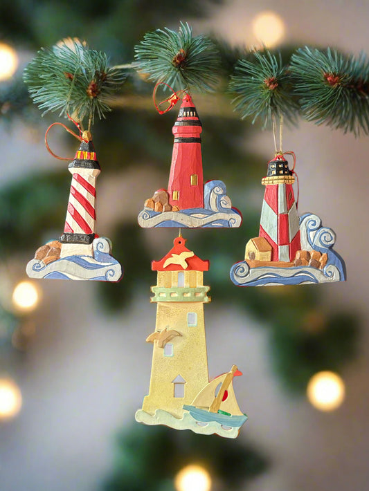 Set of 4 Christmas Lighthouse Ornaments 3 Wooden and 1 Metal 3.75" & 5.5" Tall