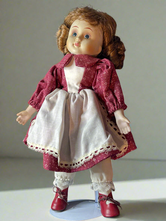 Vintage Porcelain Doll 15" Tall Red Dress Shoes Curly Hair With Stand
