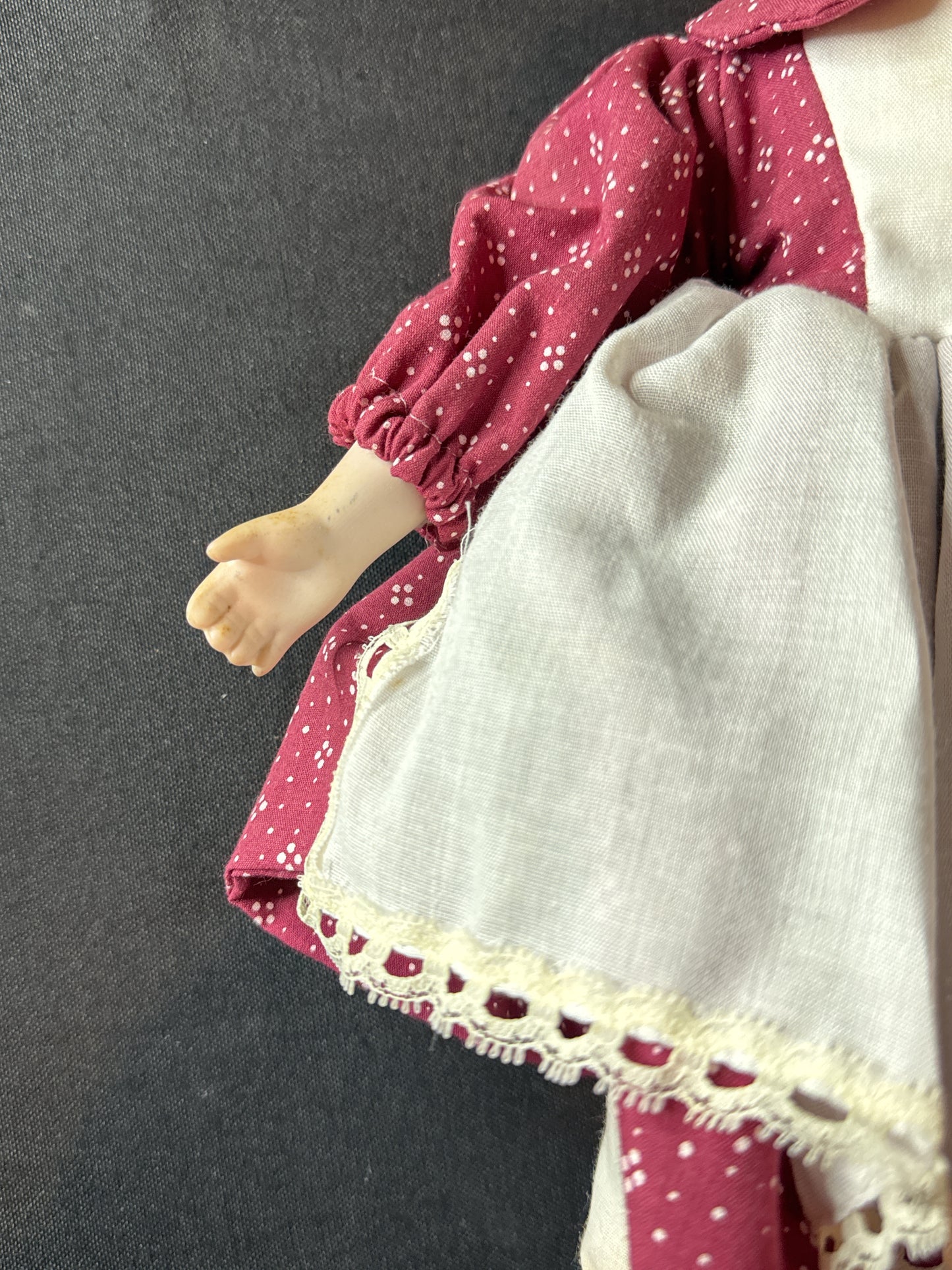 Vintage Porcelain Doll 15" Tall Red Dress Shoes Curly Hair With Stand