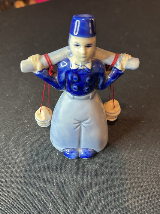 Dutch Milk Boy with Pails Porcelain Blues White Figurine 4 7/8" Tall