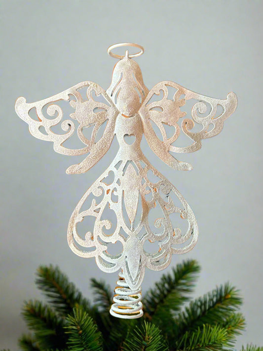 White Glittery Metal Angel Tree Topper Christmas Tree 8.5" Tall New