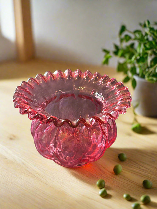 Vintage Fenton Cranberry Rose Bowl 4.5" Tall x 6" Across At Top Ruffled Edges