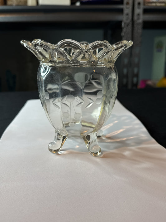 Vintage Imperial Glass Clear Glass Etched Footed Rose Bowl Scalloped Top 5" Tall